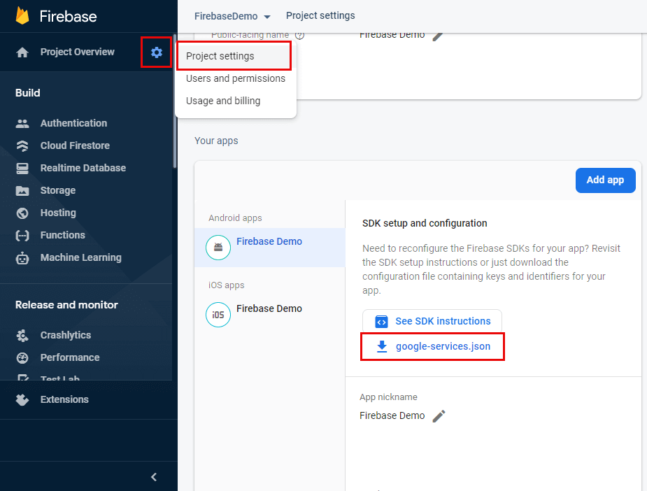 Firebase Console Download Services Actions