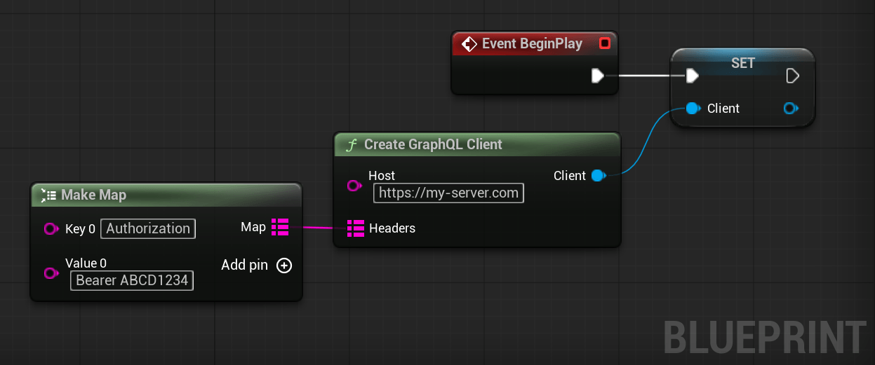 Unreal Engine Blueprint graph showing the Create GraphQL Client node initialized with a target Host URL, connected to a Make Map node feeding custom Authorization Bearer token headers, with the resulting object reference saved to a persistent variable.